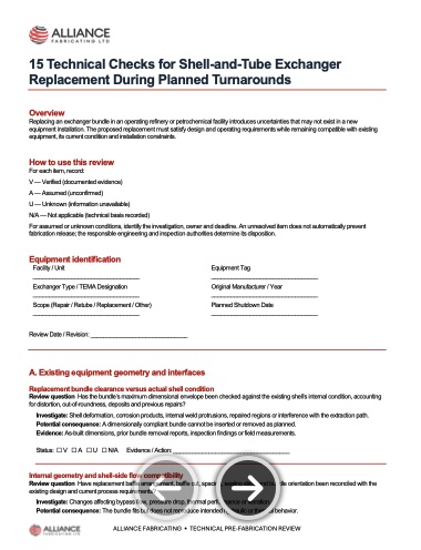 Image of Alliance Fabricating Ltd's 15 Technical Checklist for Shell-and-Tube Exchanger Replacement